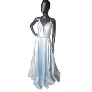 Periwinkle Plunge Belted A-Line Mikado Formal Dress